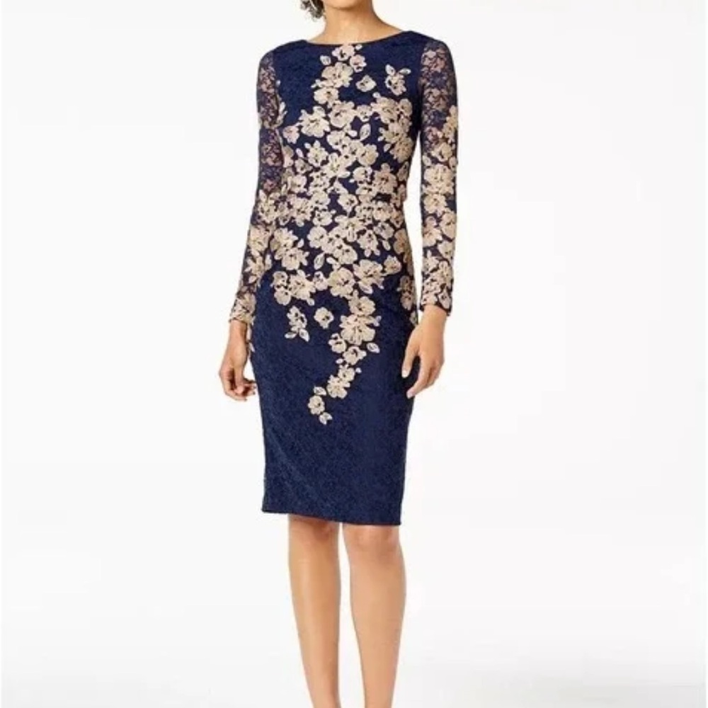 Xscape Navy and Cream Long Sleeve Dress
